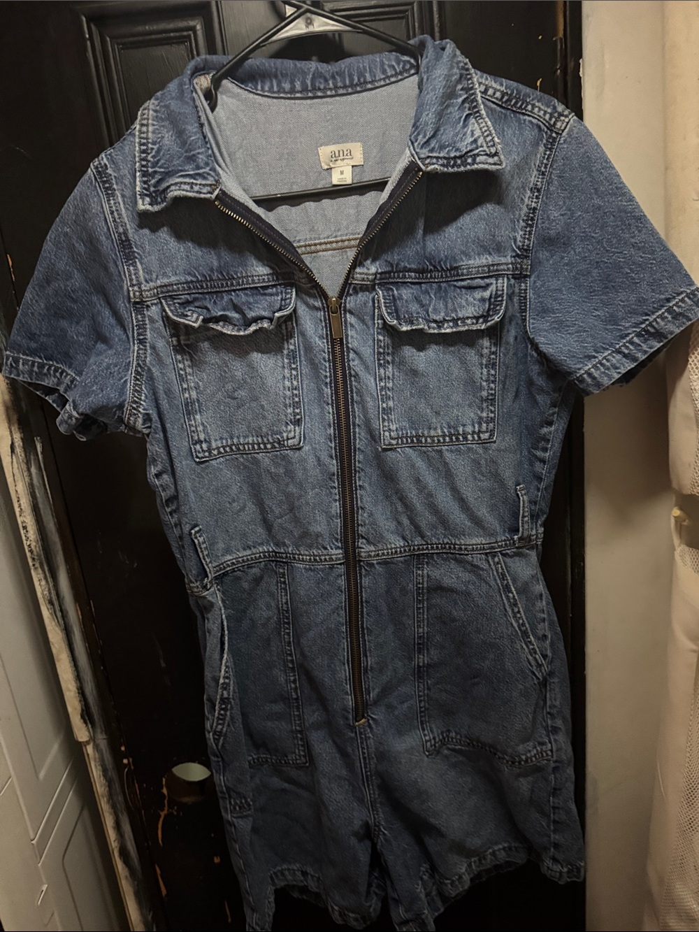 a.n.a Blue Short Sleeve Denim Romper with Front Zip